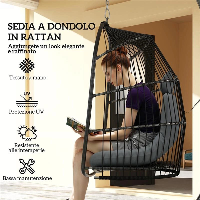 SEDIA SOSPESA A DONDOLO PIEGHEVOLE DA INTERNO ED ESTERNO CON CUSCINO E POGGIATESTA GRIGIO SCURO