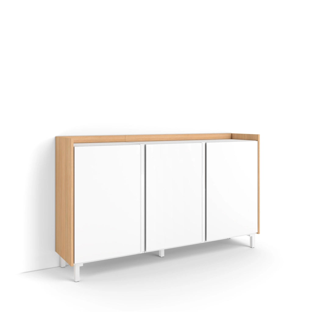 Credenza, Mobile, Cucina, 156x91x35 cm, 3 Porte, Design industriale, Bianco e Rovere soft