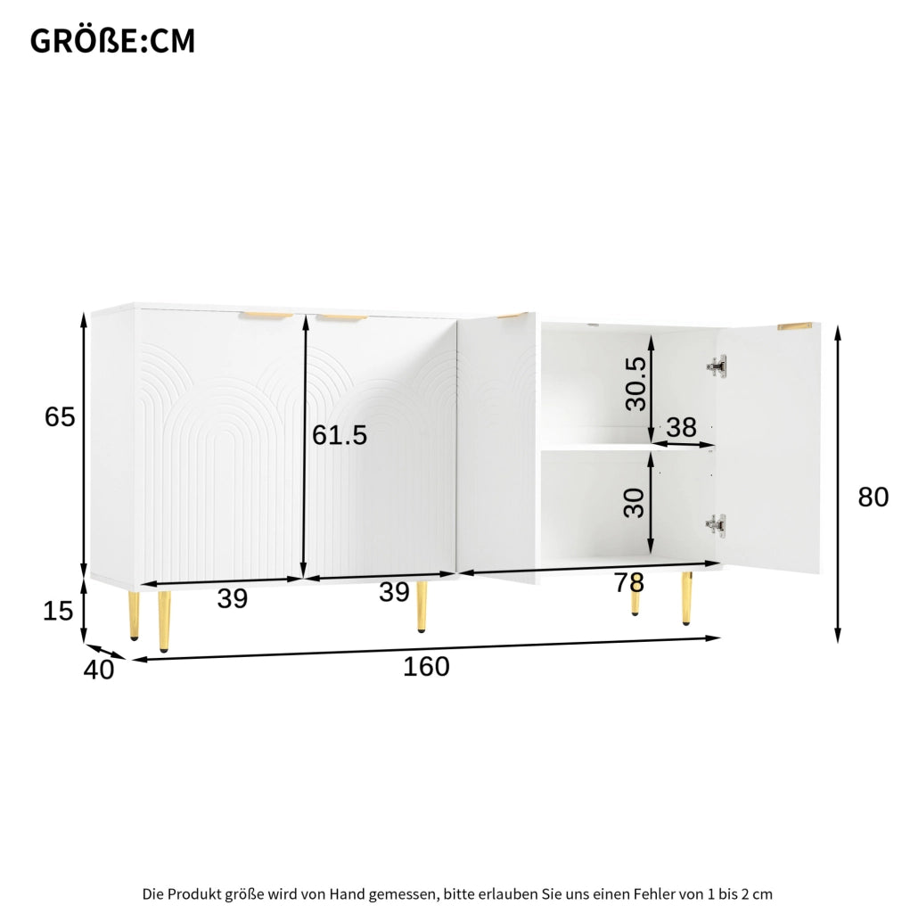 Credenza 160x40x80 cm bianca in MDF, 4 ante con ripiani regolabili