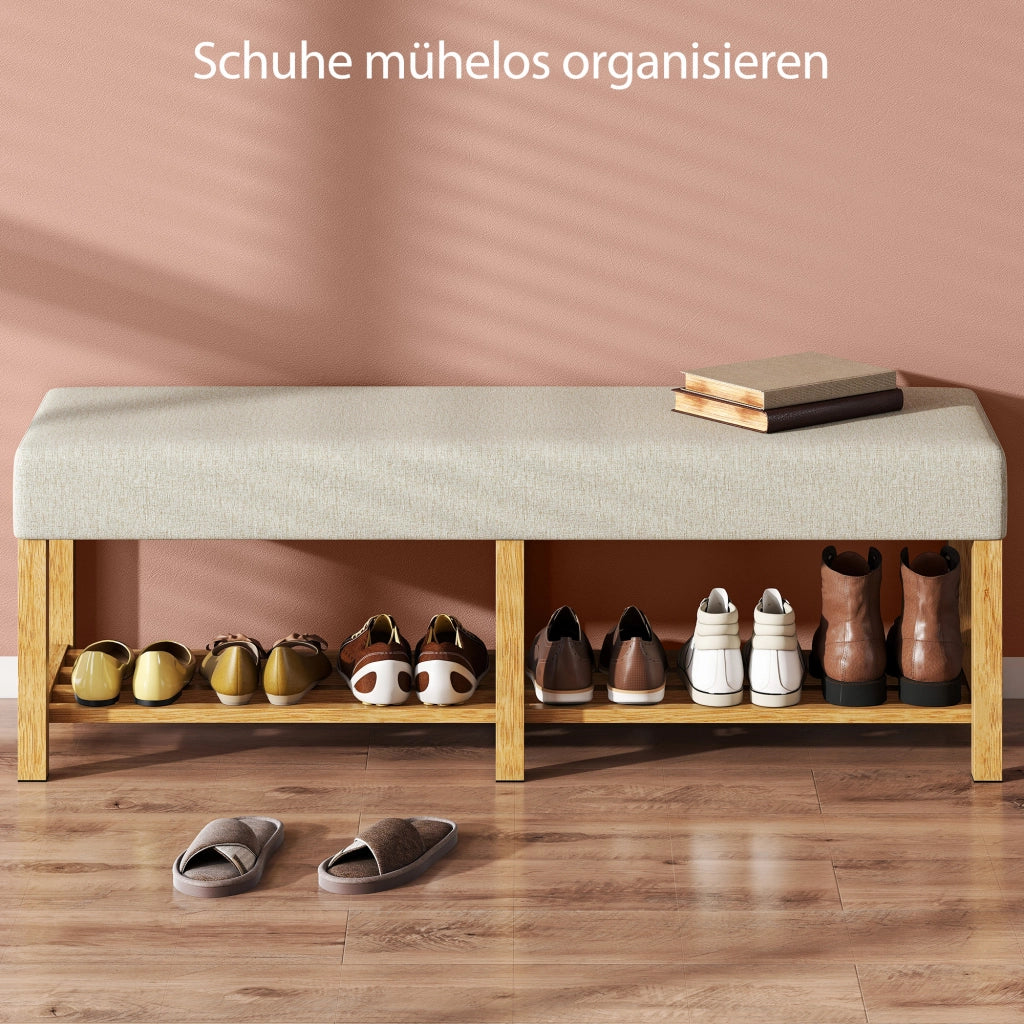 Panca Ingresso Legno Massello con Seduta Imbottita ¨C zephmum ¨C Naturale e Bianco Crema 140 cm