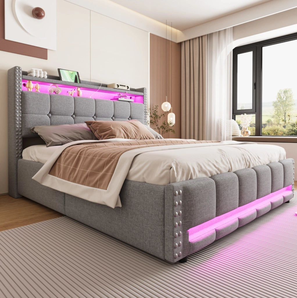 Letto matrimoniale imbottito 160x200 cm con LED; USB e contenitore; grigio chiaro in tessuto di lino