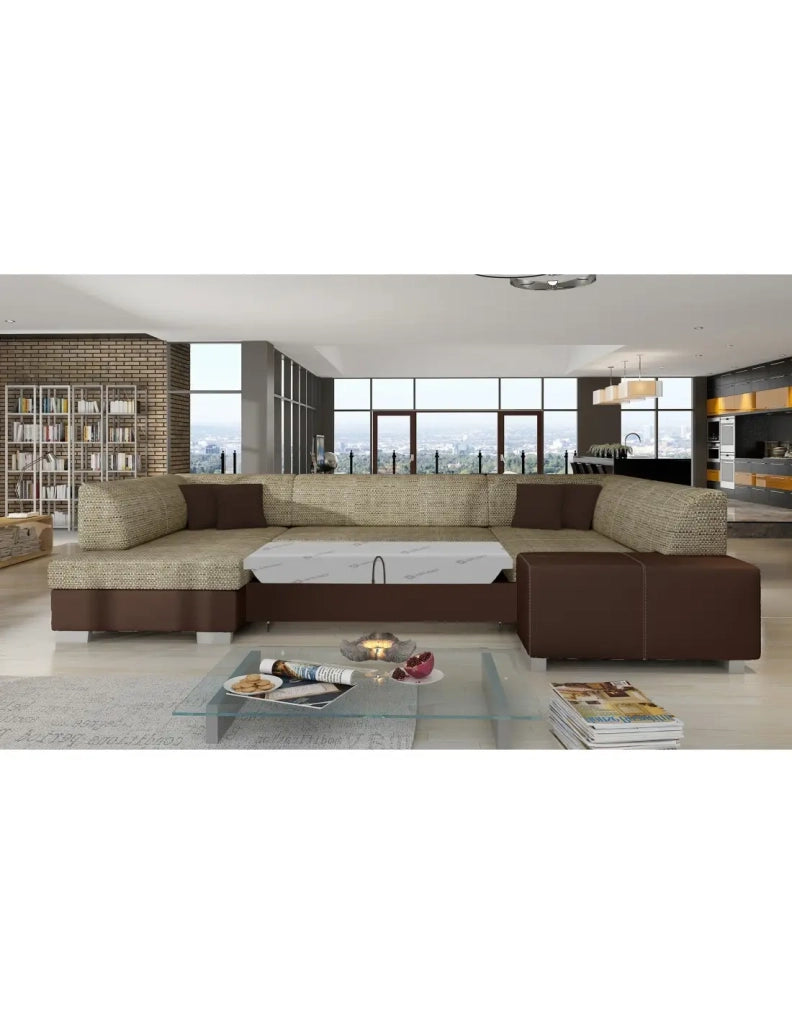 Divano panoramico a U Beige e cioccolato convertibile 6 posti HAVANA con ritorni panoramici