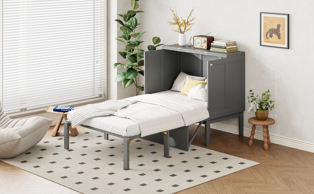 DESMIU Letto a Scomparsa 1 Posto con Vani Contenitivi, 90 × 200 cm e 205 × 96 × 101 cm, senza materasso