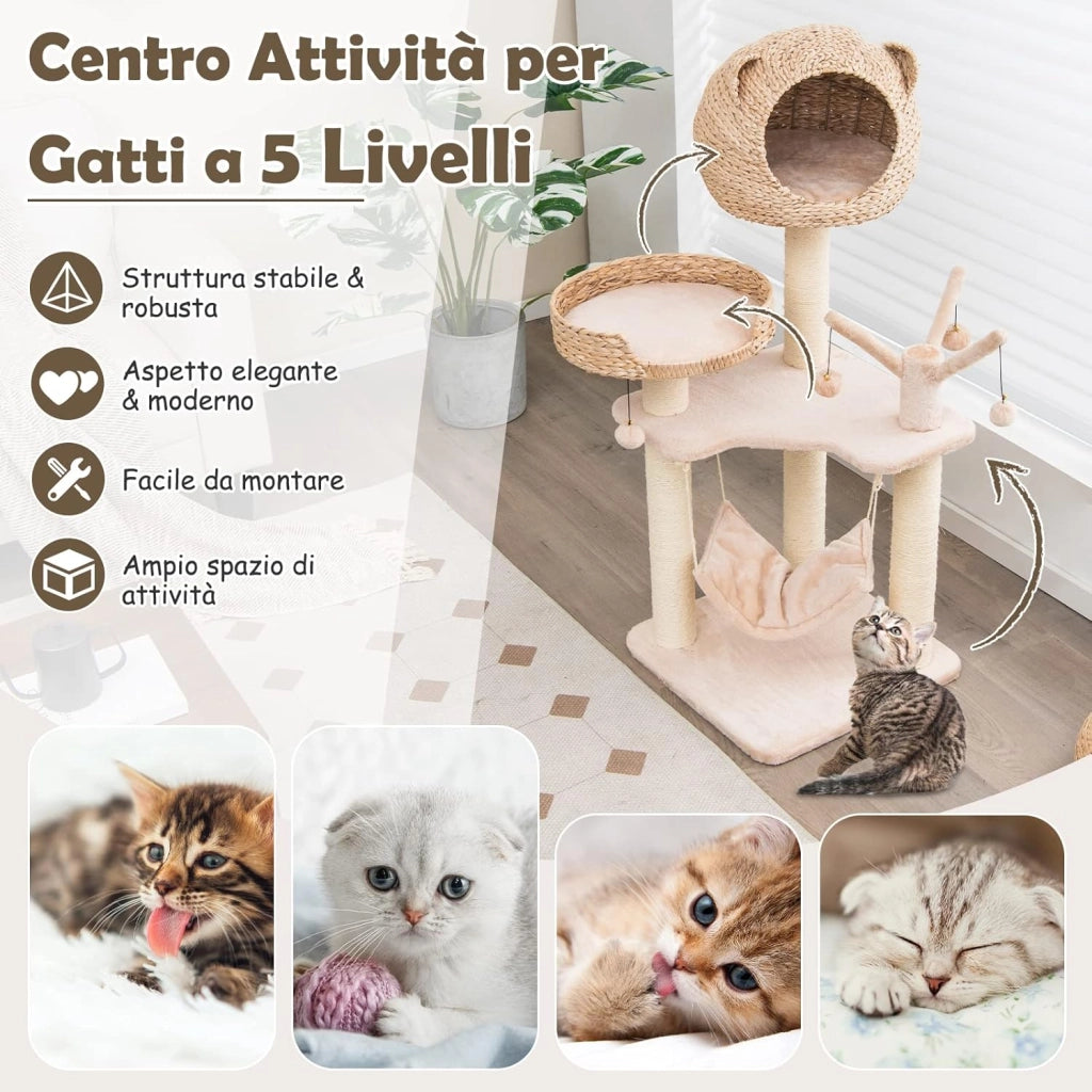 Tiragraffi per Gatti Adulti, Albero Tiragraffi con Cuccia, Piattaforma, Cuscini e Tiragraffi, Torre per Animali Domestici in Legno, 49,5 x 49,5 x 121 cm