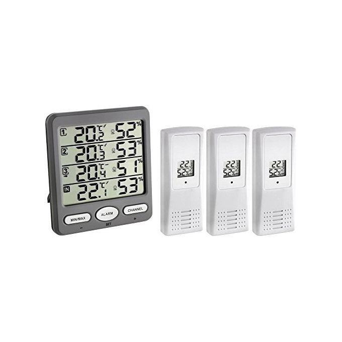 TFA 30.3054.10 Klima-Monitor Termoigrometro Digitale con 3 Sensori Wireless Allarme Regolabile e Indicatore di Comfort colore Grigio