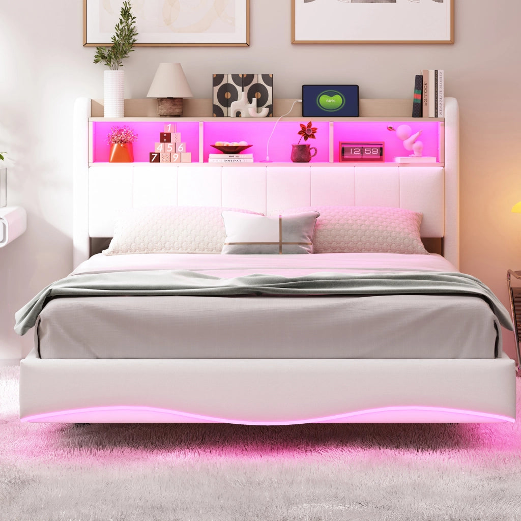 Letto imbottito sospeso 140x200 cm con LED, USB e USB-C in tessuto beige