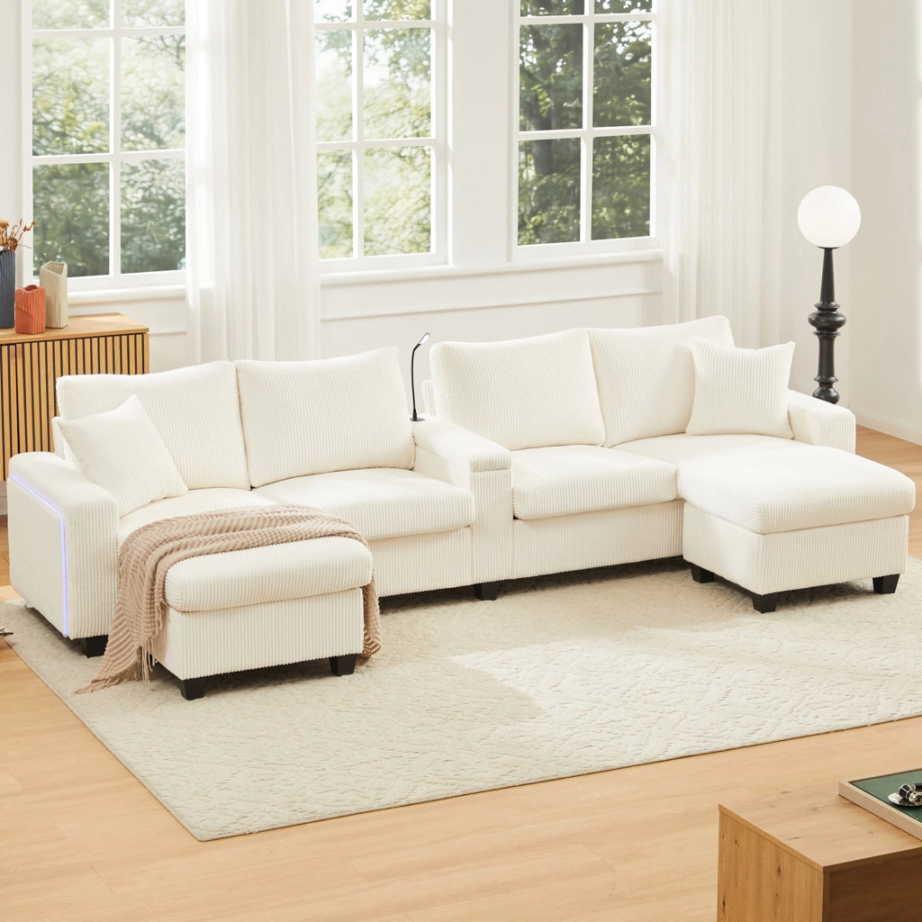 Divano a U in velluto a coste con 2 pouf contenitore; LED; USB e Type-C; beige 334x128;5x81 cm