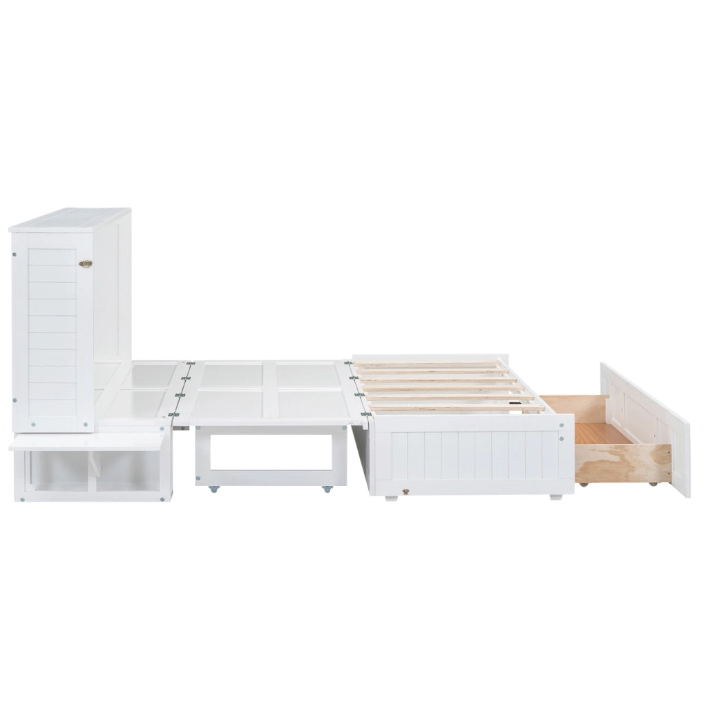 Letto a scomparsa 140x200 cm con cassetto e ripiani in pino e MDF bianco