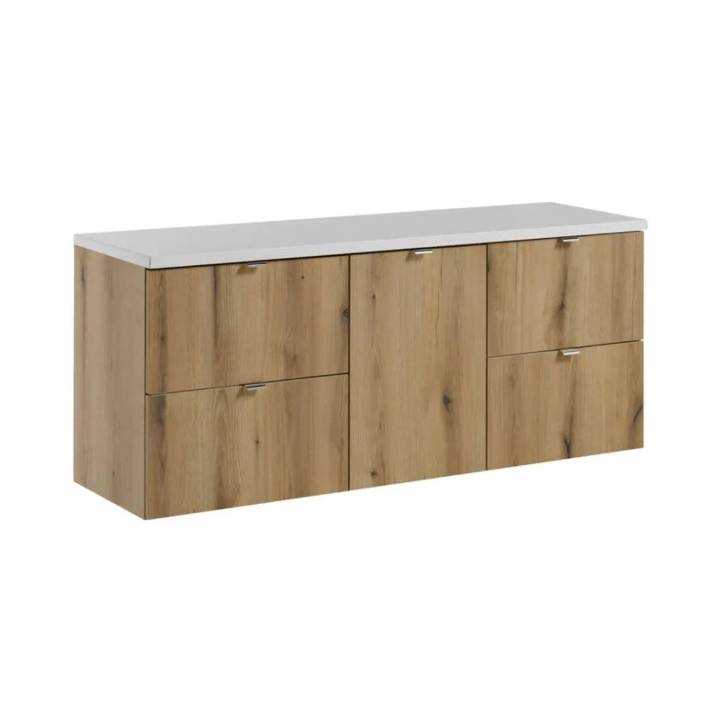 Set da bagno VANO effetto rovere e bianco 140cm: mobili sotto lavabo con cassetti e cesto per la biancheria + piano per lavabo