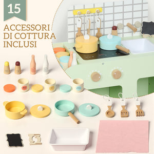 Set Cucina Giocattolo per Bambini da 3+ Anni con 15 Accessori in Legno Verde