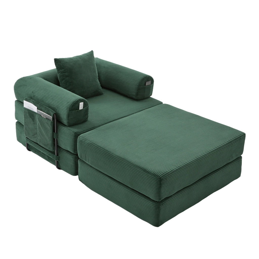 Divano modulare velluto a coste verde con pouf, cuscino e tasca laterale