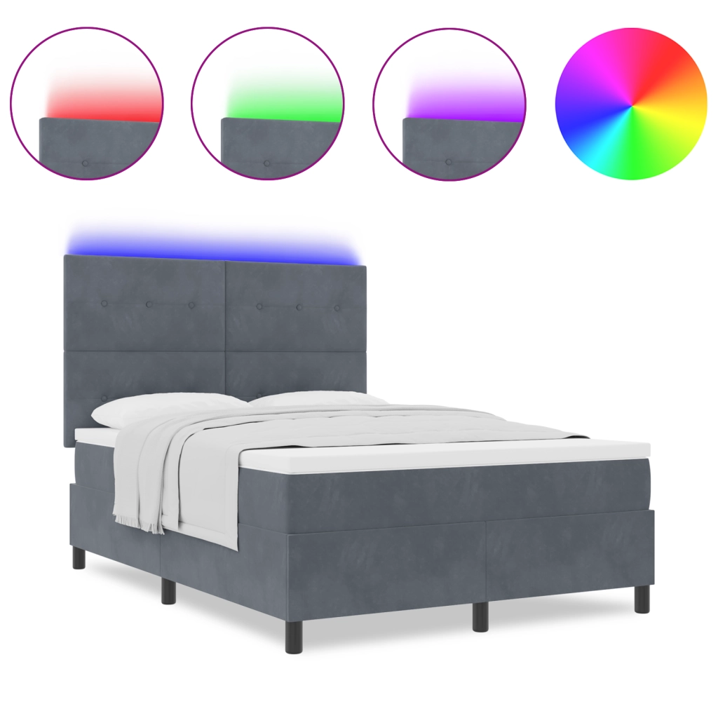 Letto con Box Spring e Materasso & LED Grigio Scuro 140x200 cm Velluto