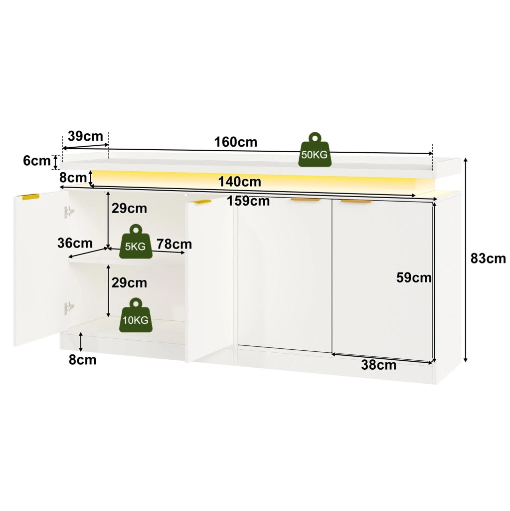 Credenza da cucina bianca con LED RGB, 160 cm