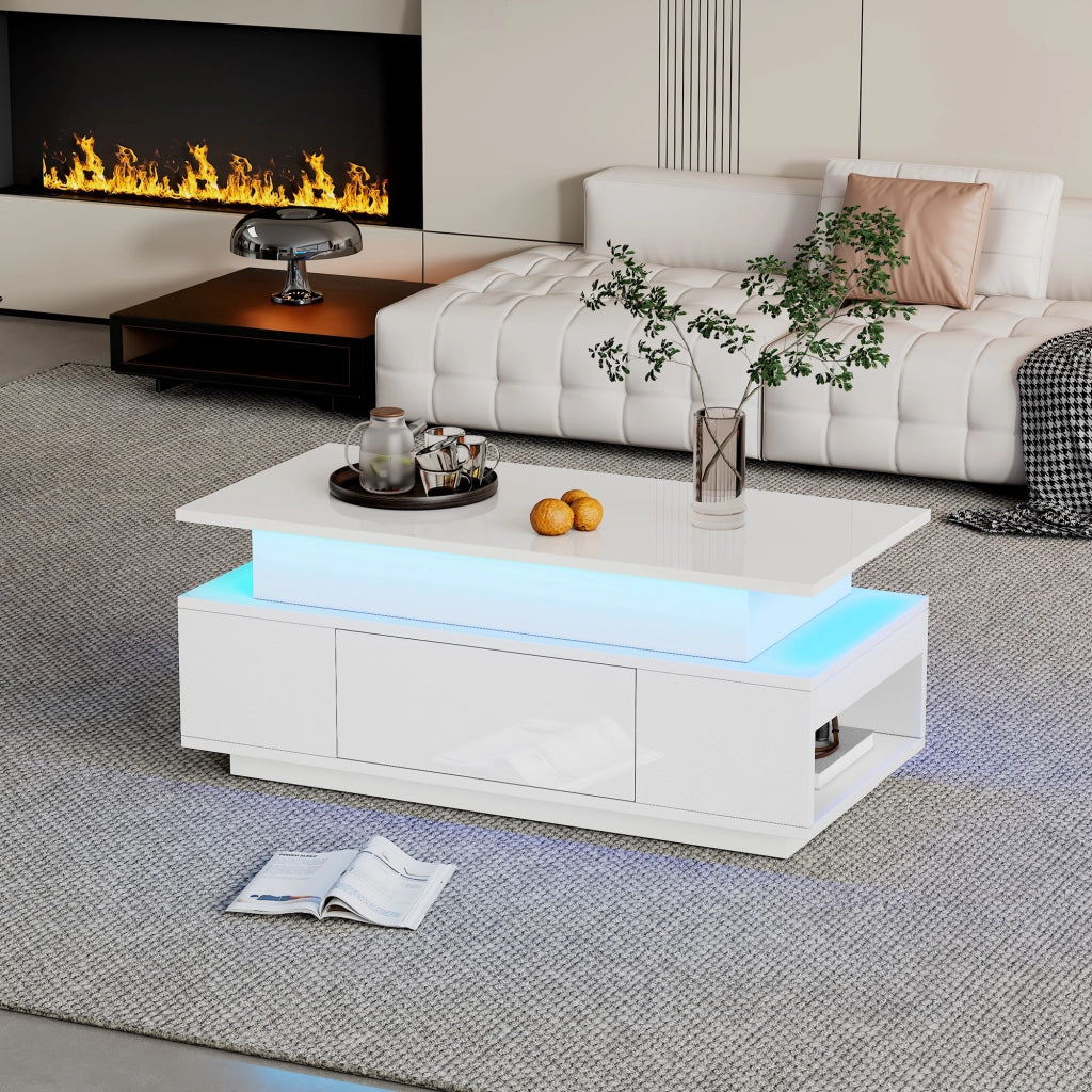 Tavolino da salotto 96x45x40 cm; sollevabile con vano contenitore e cassetto; truciolare bianco