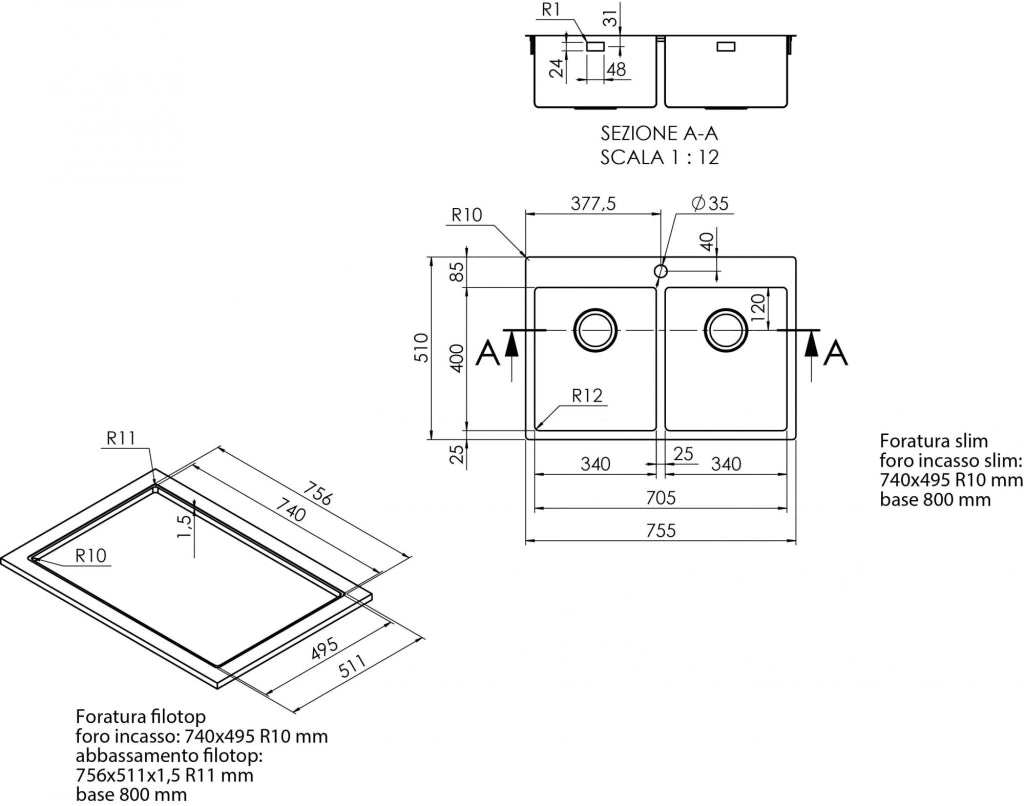 Lavello da incasso in acciaio inox, due vasche con foro per miscelatore 75x51cm Coveh