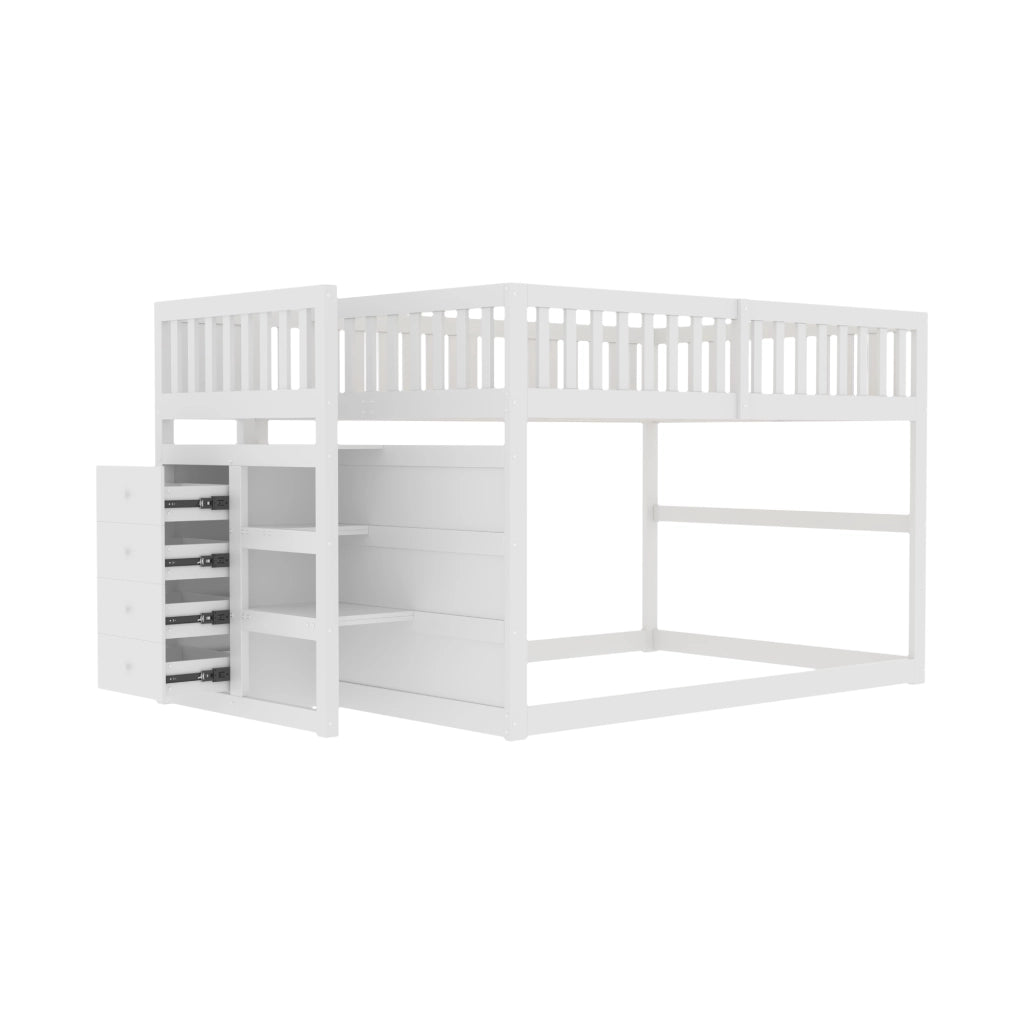 Letto a castello basso bianco in legno con scomparti portaoggetti 140x200 cm