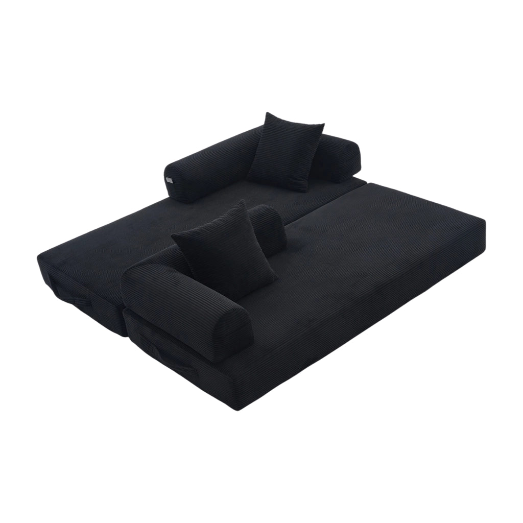 Divano modulare nero in velluto a coste con tasca laterale e 3 cuscini; 200x94x67 cm