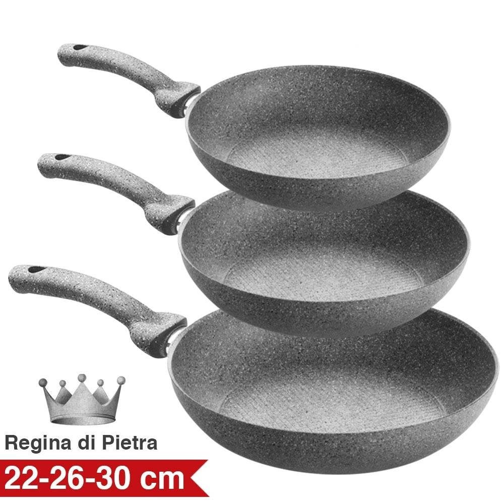 Trade Shop - Set 3 Padelle In Pietra Antiaderenti Regina Di Pietra Diametro 22 - 26 - 30 Cm -