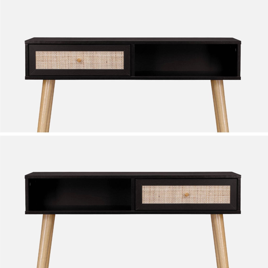 Consolle scandinava con effetto legno e canna, 100cm, nero