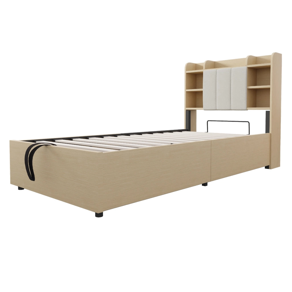 Letto singolo 90x200 cm con sollevamento idraulico; testiera con vani portaoggetti e prese USB Type-C; effetto legno naturale