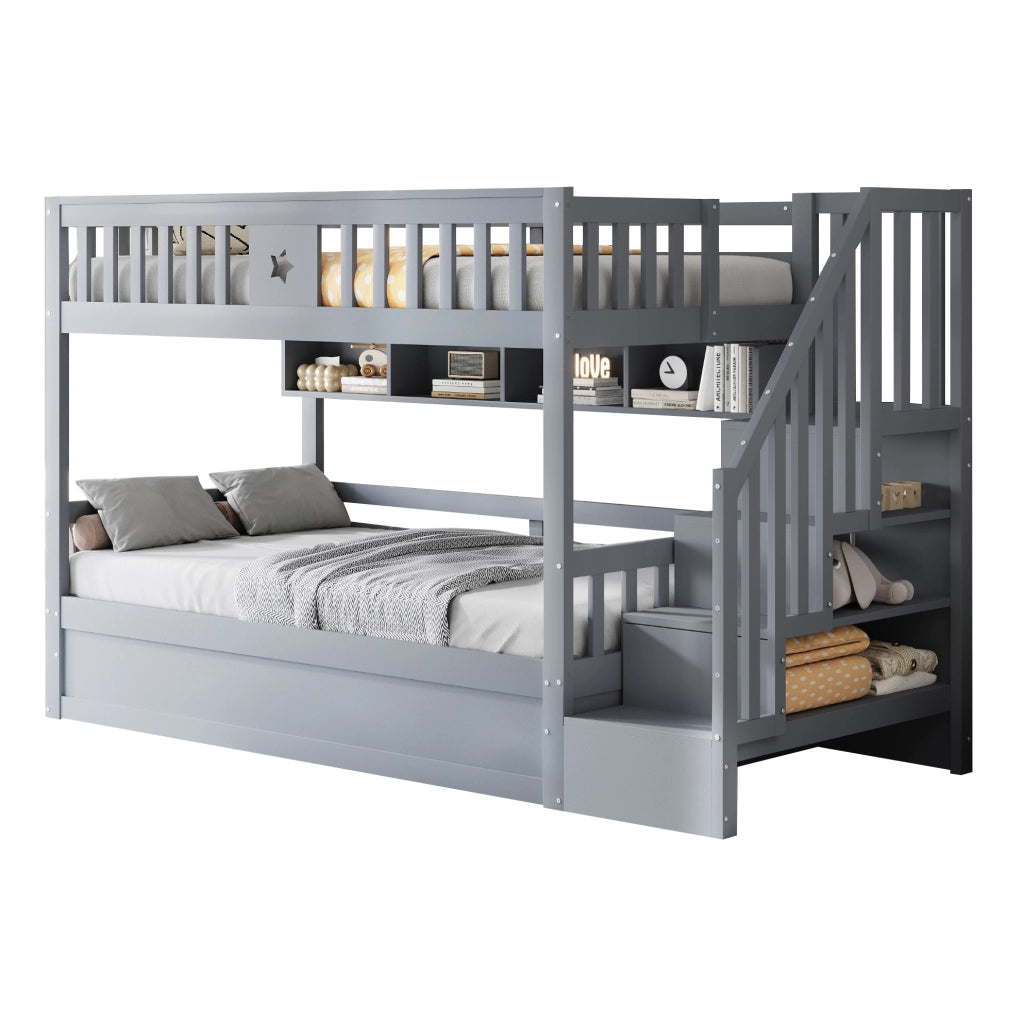 Letto a castello 90x200 cm in legno grigio con letto inferiore idraulico; ripiani e scala contenitore