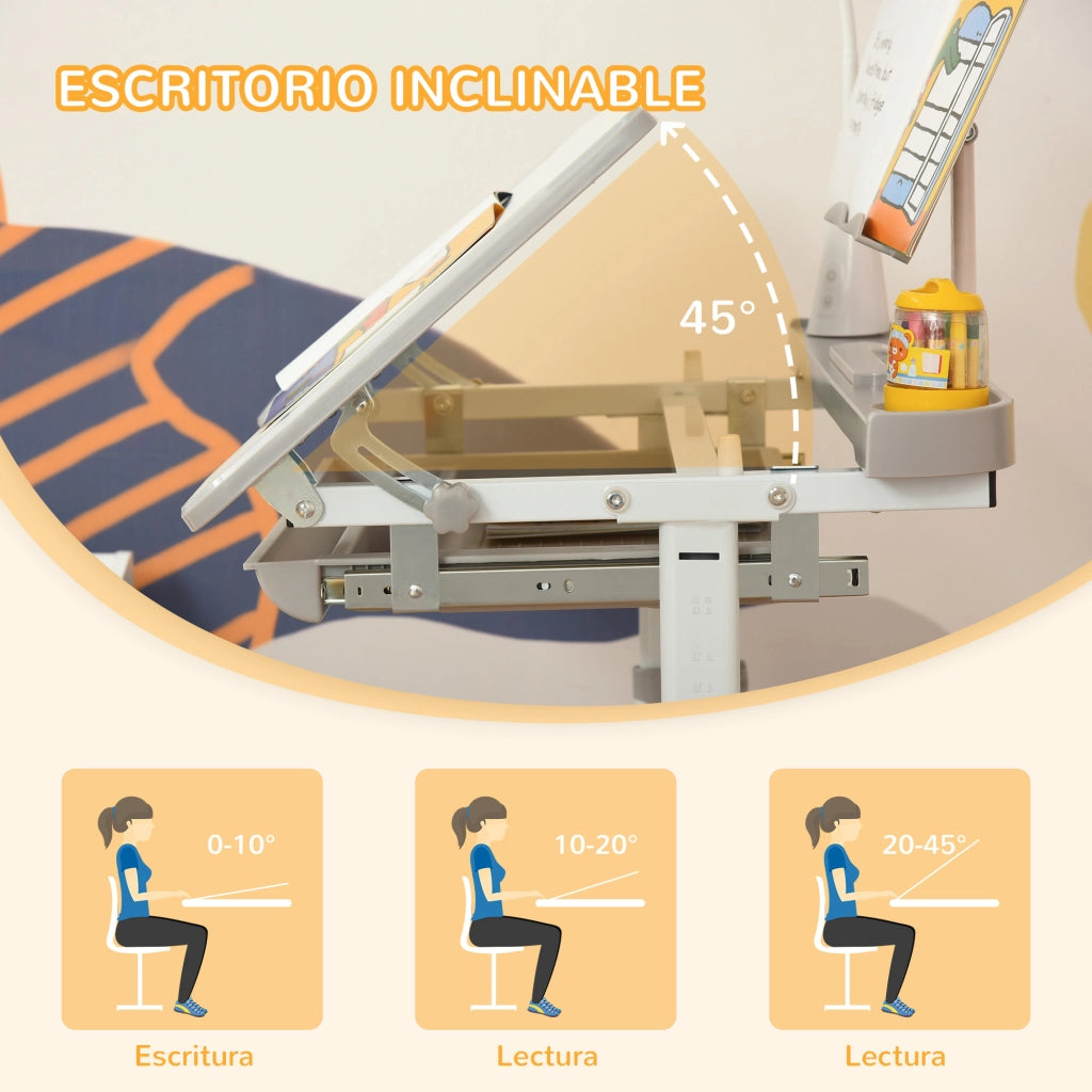 Scrivania con Sedia per Bambini ¨C Xylo ¨C Regolabile con Lampada Cassetto Scaffale Grigio