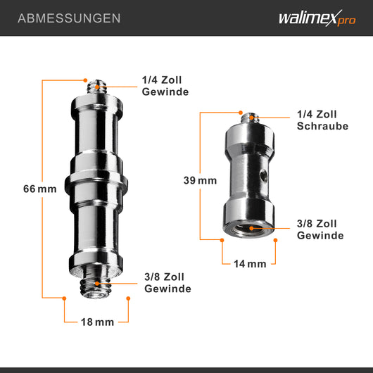Walimex Set Spigot 3+3 Adattatori per filettatura 3/8“ 1/4” per collegamento accessori foto e video, allestimenti luci servizi fotografici