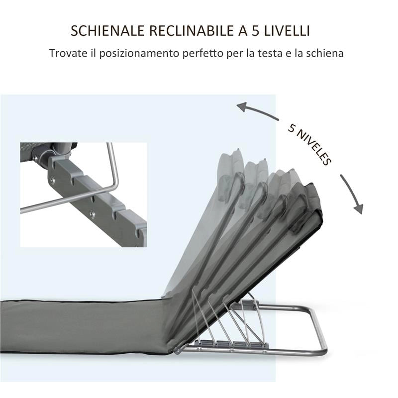 SET 2 LETTINI SPIAGGIA PIEGHEVOLI CON SCHIENALE REGOLABILE A 5 LIVELLI E BORSA, GRIGIO