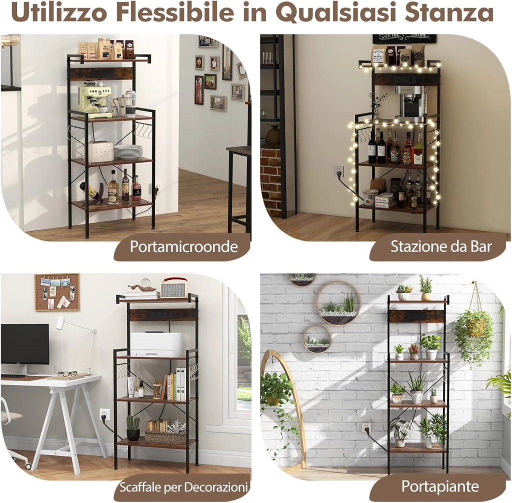 Scaffale da Cucina con Multipresa, Scaffale per Microonde su 4 Ripiani, Mensola da Cucina Struttura in Metallo con 8 Ganci, per Sala Pranzo e Pannettiera, 59 x 34 x 136 cm, Marrone Vintage