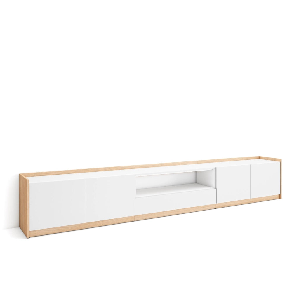 Mobile TV Soggiorno, 310x50x37 cm, Per TV fino a 80", Mobile Soggiorno, Bianco e Rovere soft