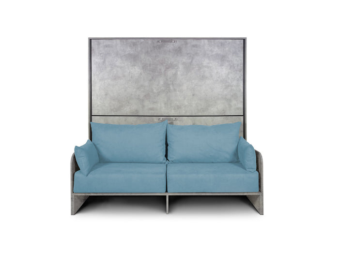 Letto Doppio A Scomparsa Kando Con Divano Con Materassi Cemento e Azzurro