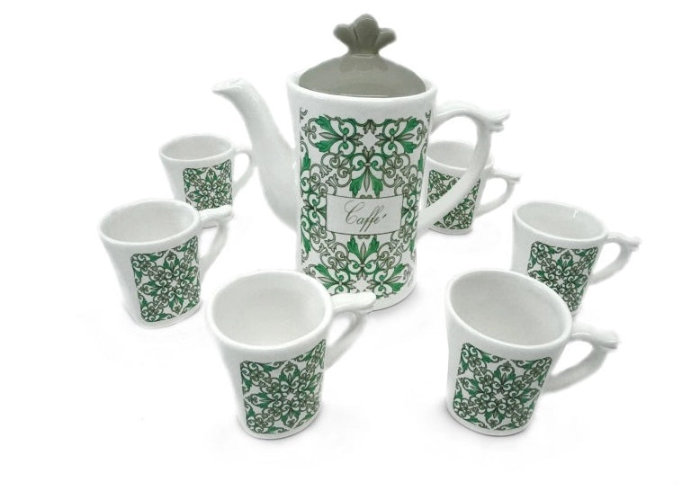 Set 6 Tazzine Tazze Caffe' + Teiera in Ceramica Decoro Verde