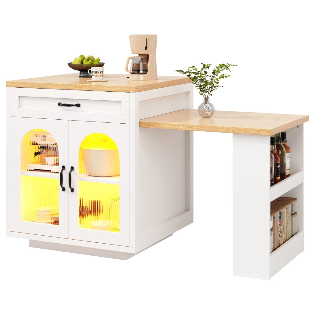 Isola Cucina Allungabile con LED ¨C MINIMAL ¨C MDF, Vetro, 2 Cassetti