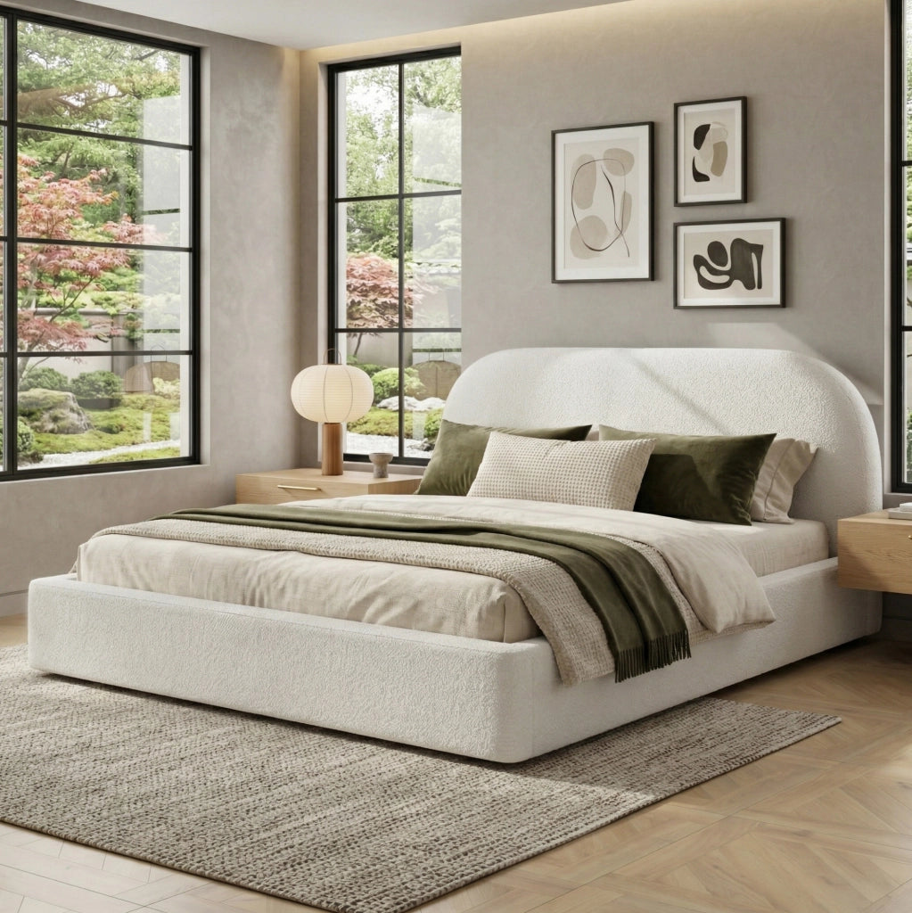Letto matrimoniale imbottito in bouclé beige con rete a doghe