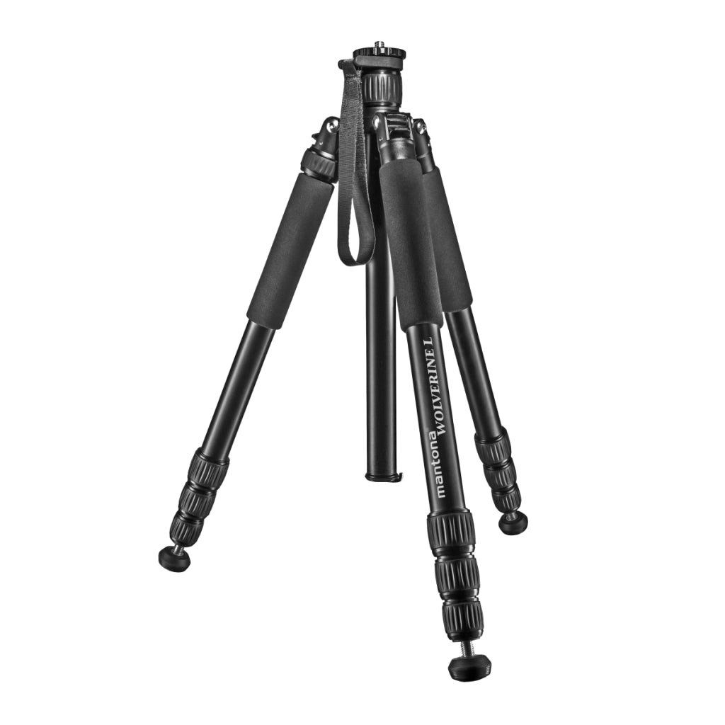 Mantona Wolverine L 284 treppiede per fotocamera in alluminio, cavalletto fino a 15 kg, altezza regolabile fino a 166 cm, punte, livella a bolla, lampada LED, utilizzabile anche come monopiede