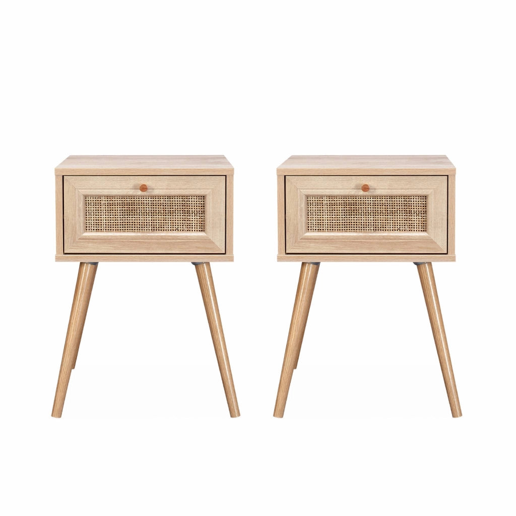 Set 2 comodini effetto legno e cannage, marrone naturale