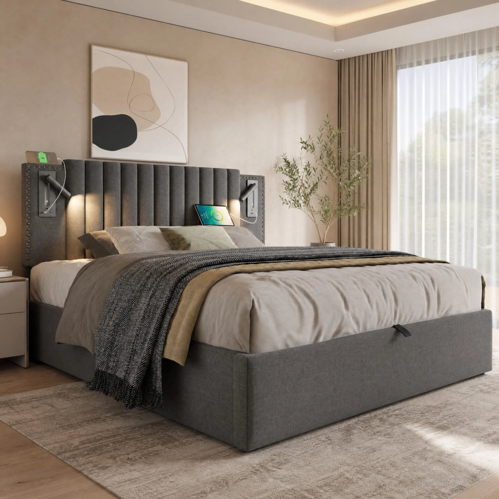 LETTO Contenitore 180x200 cm Grigio in Cotone con luce lettura e USB