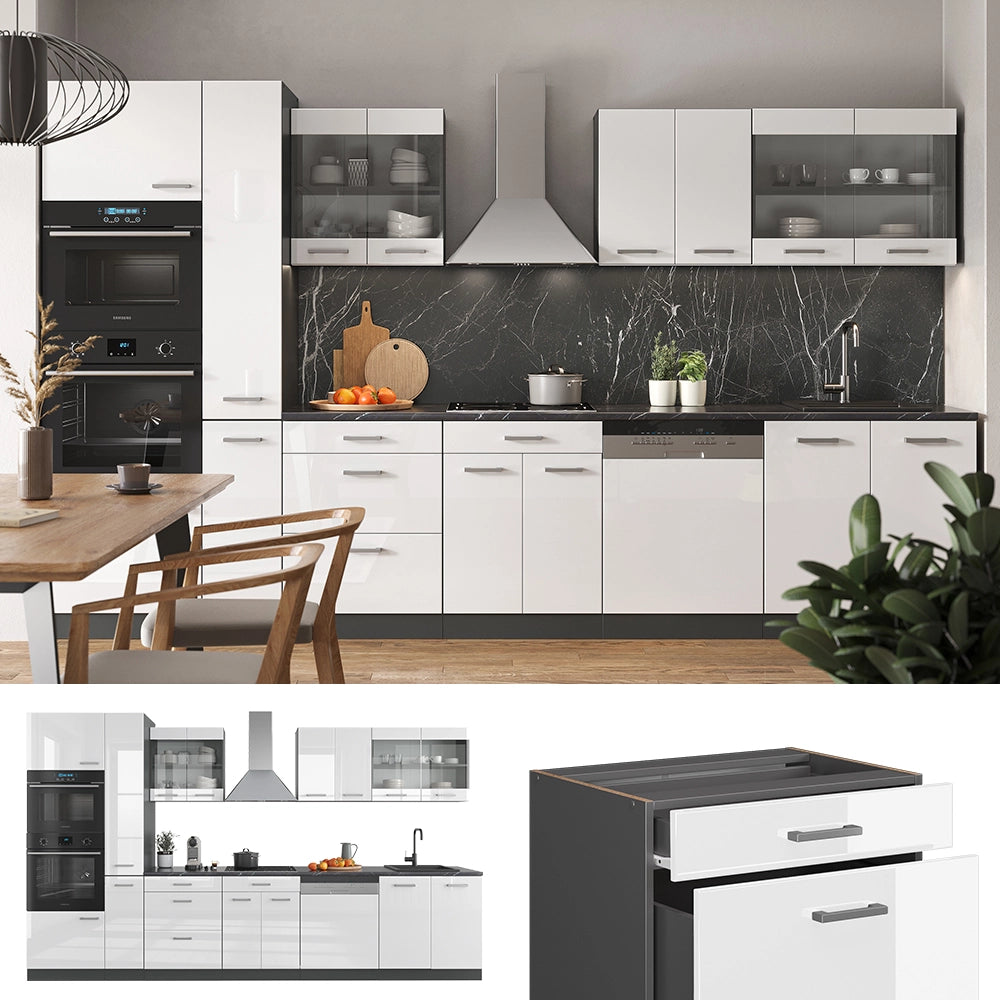 Vicco Cucina Bianco lucido/antracite 350 cm con armadio alto, PL Marmo