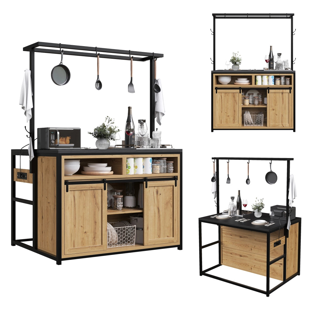 Mobile da cucina con 2 sgabelli; prese integrate; vani aperti e ante scorrevoli; per cucina e sala da pranzo
