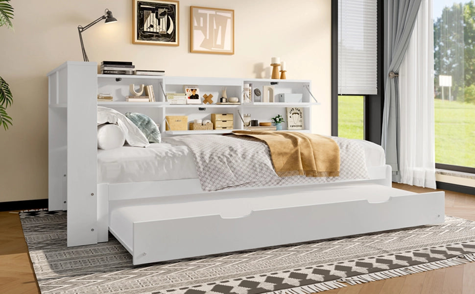 DESMIU Letto singolo 90 × 200 cm con testiera contenitore, letto estraibile, USB e Type-C, senza materasso, bianco