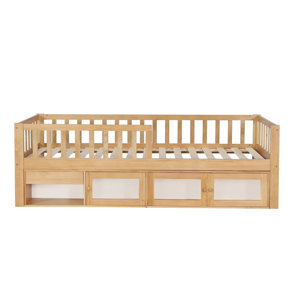 Letto per bambini 90x200 cm, con sponde di sicurezza, completo di cassetti e contenitore, color legno naturale