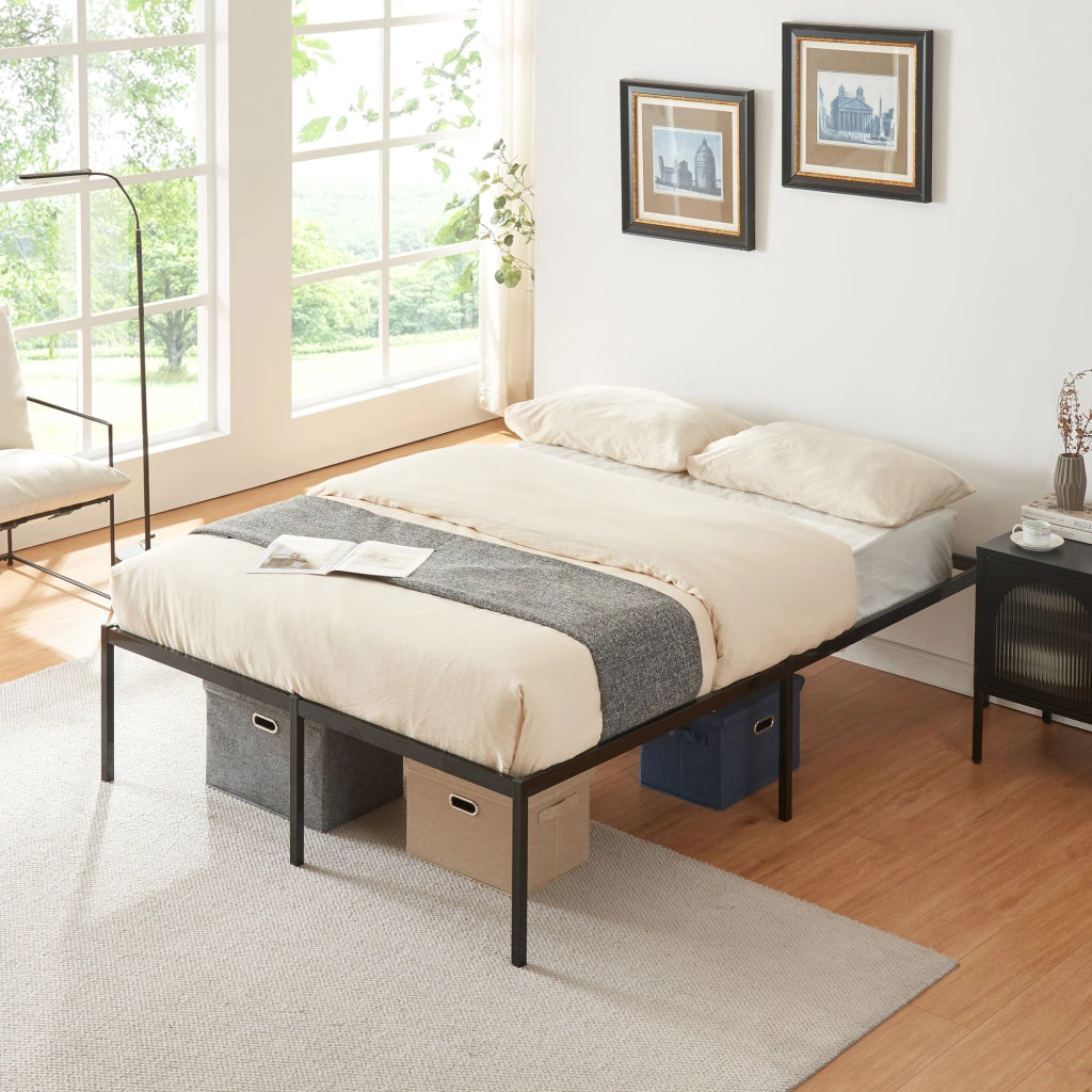 Letto Francese Vårdö in Acciaio Nero con Materasso a Schiuma Fredda 140 x 200 cm [en.casa]