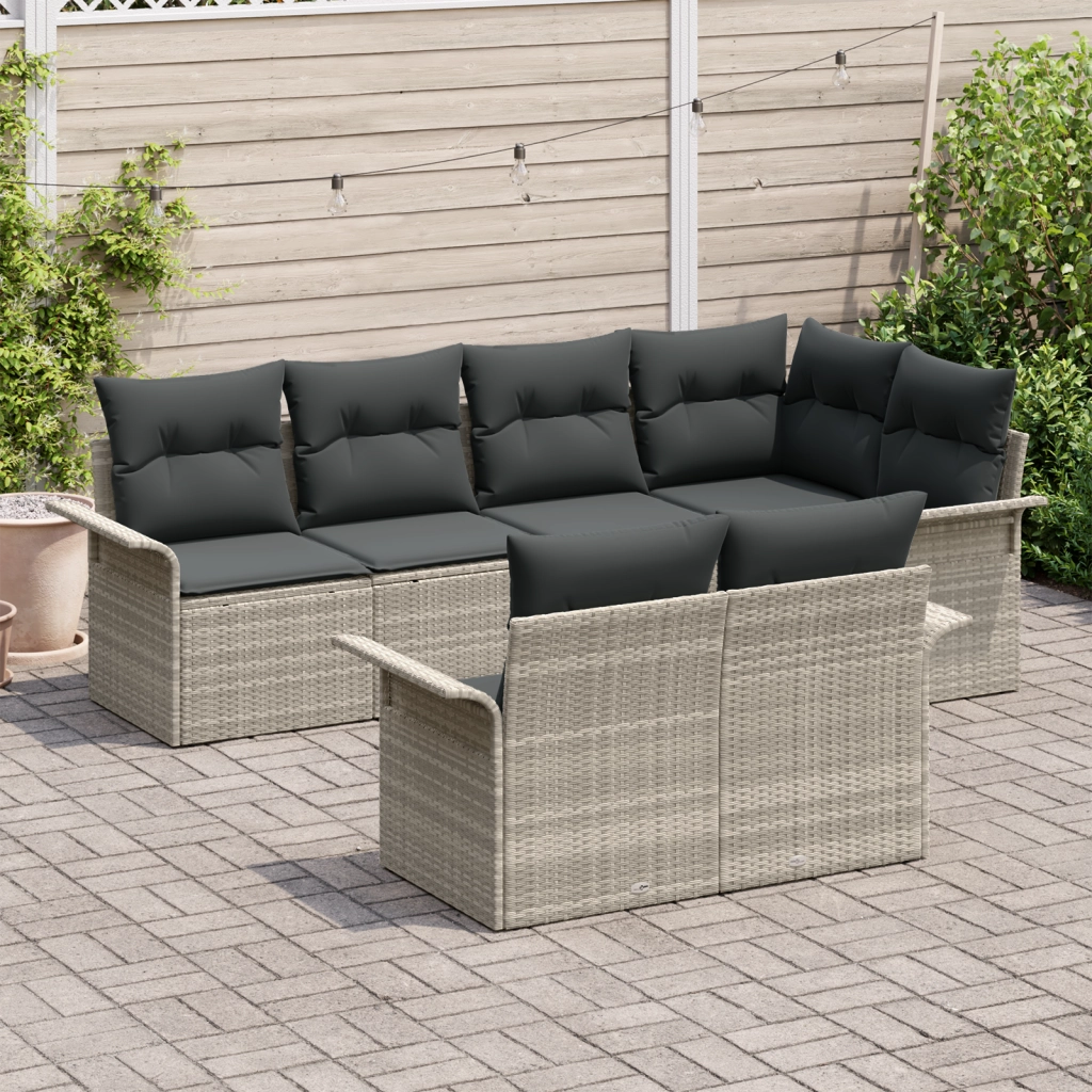 Set Divano da Giardino 7 Pezzi con Cuscini Grigio Chiaro Polyrattan