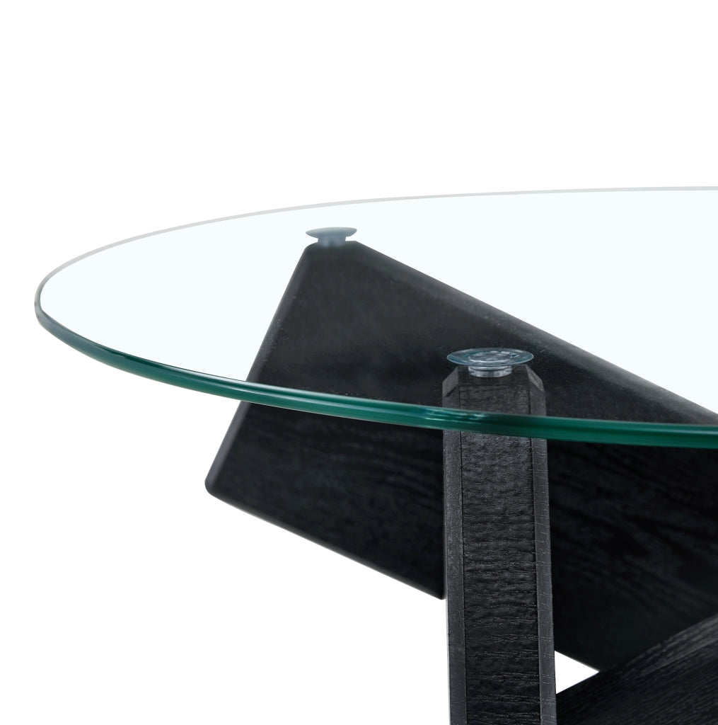 Tavolino da caffè rotondo 79 cm con piano in vetro e base incrociata in MDF e vetro nero trasparente
