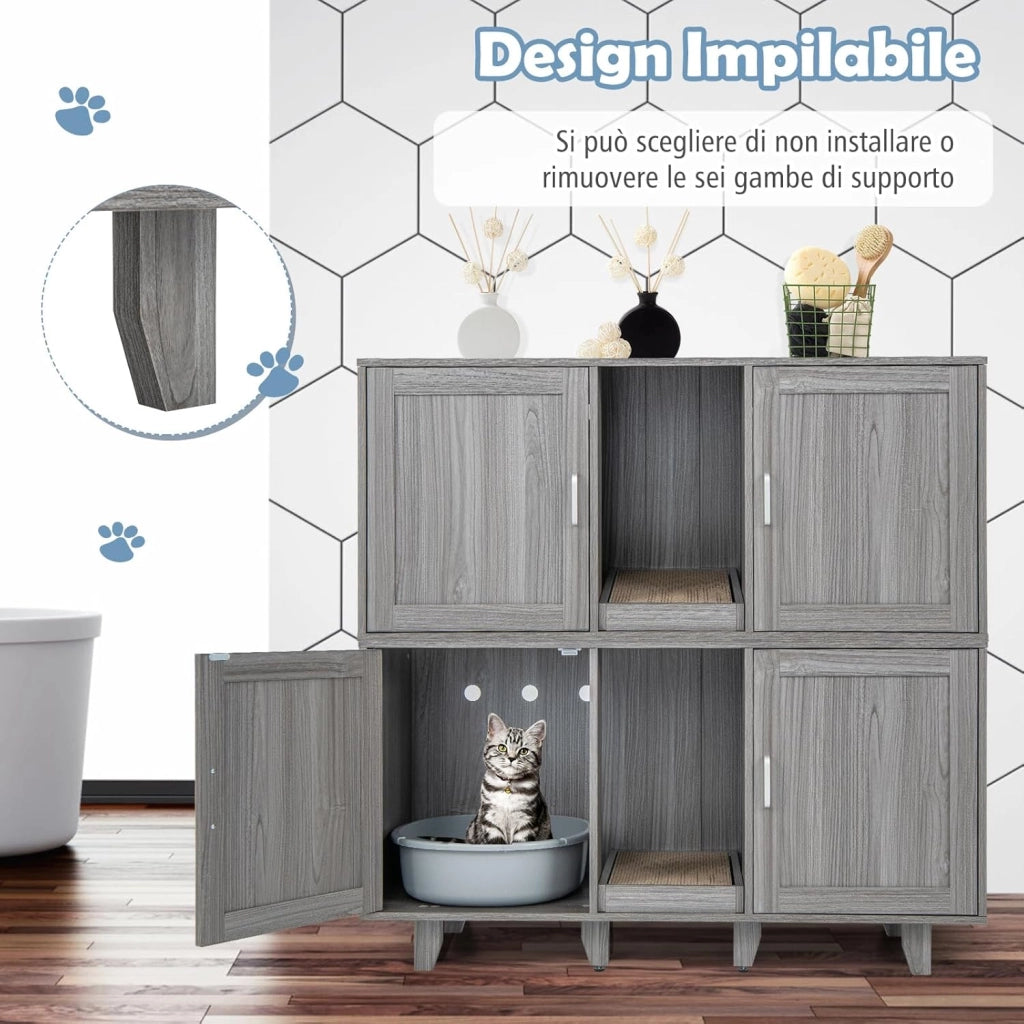 Mobile per Lettiera per Gatti 120 x 52 x 65 cm, Casetta per Gatti con 2 Ante, Fori, Tiragraffi e Gambe Staccabili, Mobile Versatile e Moderno per Salotto (Quercia grigia)