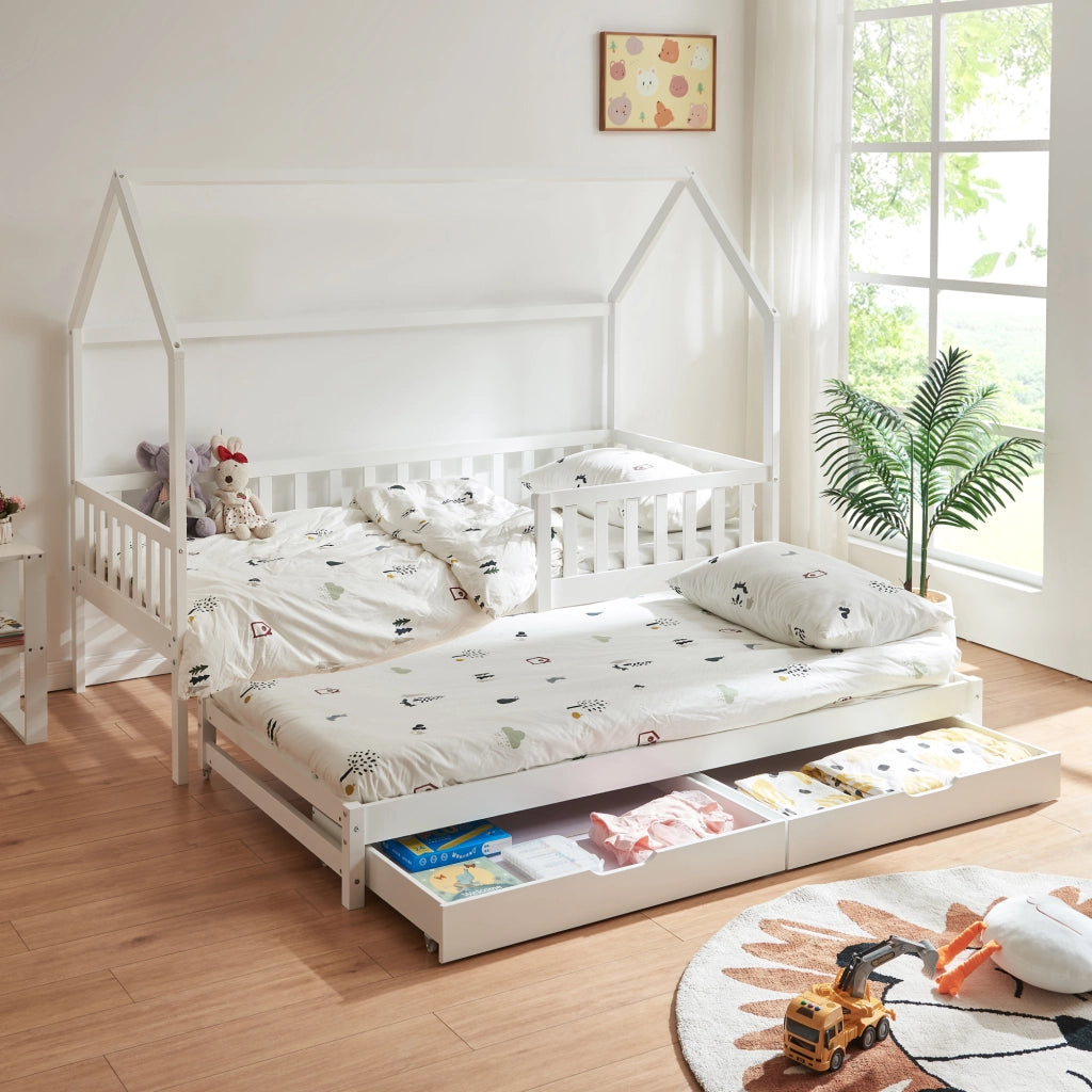 Letto a Casetta per Cameretta Aarghonmaa in Legno di Pino con Letto Estraibile e 2 Cassetti 90x200 cm - Bianco [en.casa]
