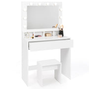 IDMarket - Mobiletto ZELIA con specchio LED, 4 nicchie, 1 cassetto e sgabello