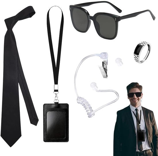 Accessori per costume Agent K - Occhiali da sole neri - Porta tessera - Orecchini - Cinturino regolabile - Accessori per spionaggio per uomo/donna
