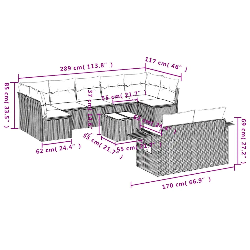 Set Divani da Giardino 10pz con Cuscini in Polyrattan Marrone 3252970