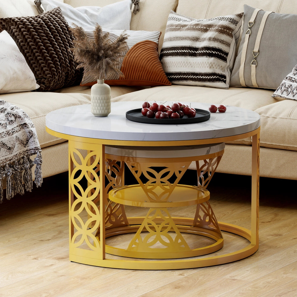 TAVOLINO DA CAFFÈ Set 2 Pezzi 70x70x45 cm Effetto Marmo Bianco con Struttura Color Oro